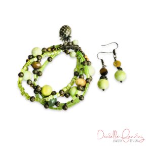Lime Green Agate and Turquoise and Bronze Tiger's Eye Multi-strand Bracelet Set with Pineapple Charm