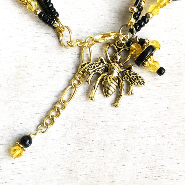 Yellow and Black Multi-strand Bracelet Set with Gold Bee Charm