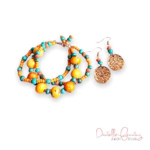 Orange and Teal Turquoise and Copper Multi-Strand Bracelet Set