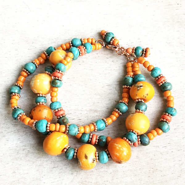 Orange and Teal Turquoise and Copper Multi-Strand Bracelet Set