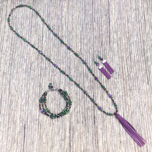Green and Fuchsia Suede Tassel Long Necklace, Multi-Strand Bracelet and Earrings