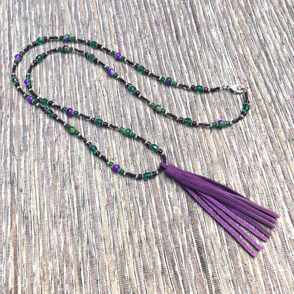 Green and Fuchsia Suede Tassel Long Necklace, Multi-Strand Bracelet and Earrings