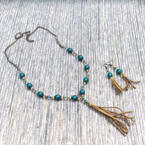Green and Rust Suede Tassel Necklace & Earrings Set