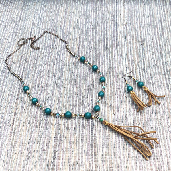 Green and Rust Suede Tassel Necklace & Earrings Set