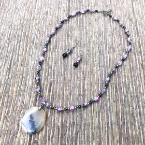 Pink and Black Marbled Glass with Agate Pendant Necklace & Earrings Set