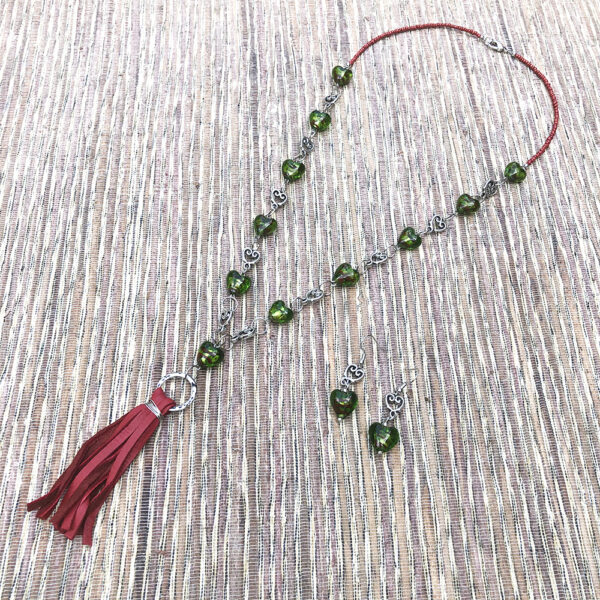 Green and Red Handblown Glass Hearts & Red Leather Tassel Necklace Set