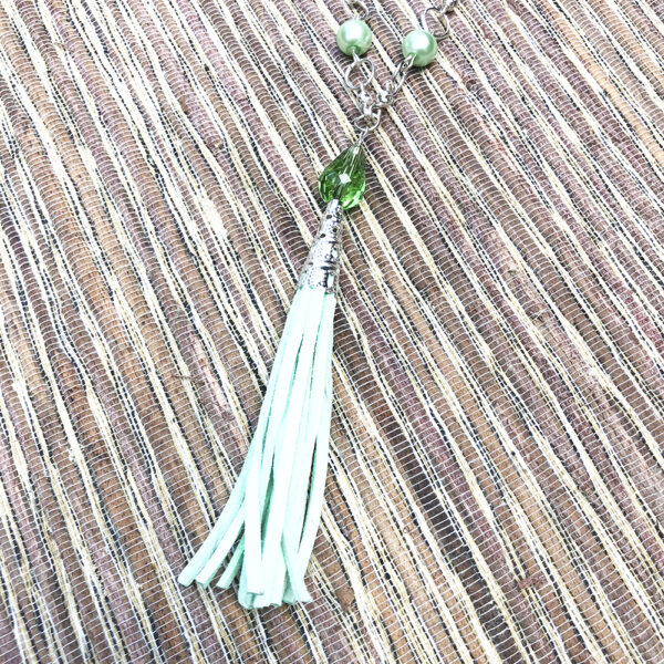 Seafoam and Green Pearl Silver Filigree Faux Suede Tassel Necklace