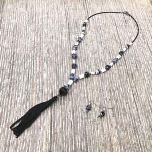 Black and White Suede Tassel Necklace & Earring Set