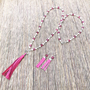 Hot Pink Cracked Glass and Freshwater Pearl Leather Tassel Necklace Set