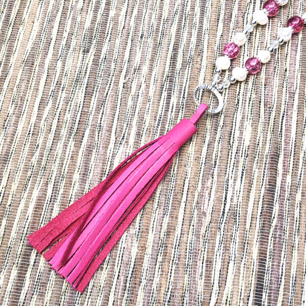 Hot Pink Cracked Glass and Freshwater Pearl Leather Tassel Necklace Set