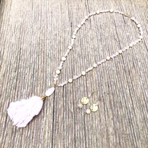 Light Pink Quartz Gold Tone Tassel Necklace & Earrings Set