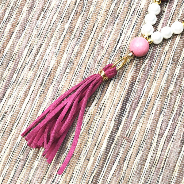 Faux Pearl and Hot Pink Agate Faux Suede Tassel Necklace Set