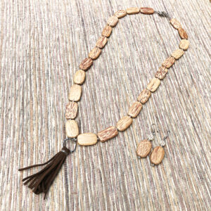 Wood and Brown Faux Suede Tassel Necklace Set