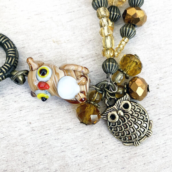 Rust and Gold Glass Multi-Strand Owl Bracelet Set