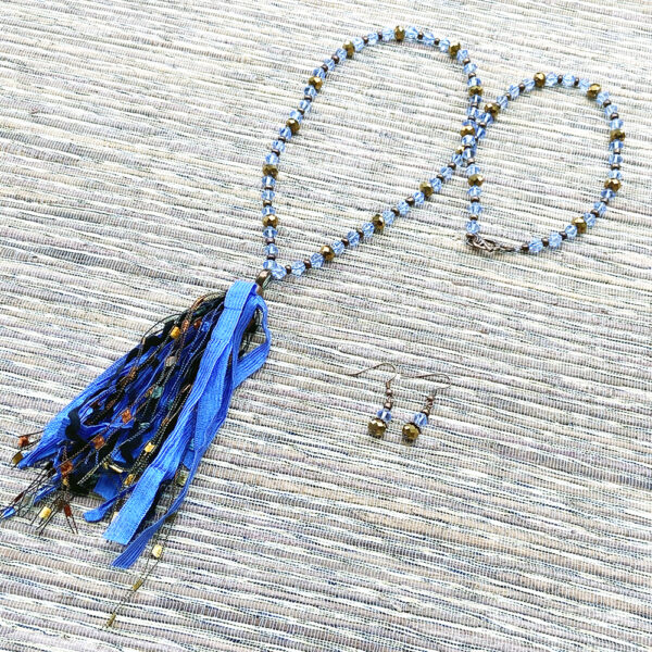 Blue and Black Fiber Tassel Necklace and Earring Set