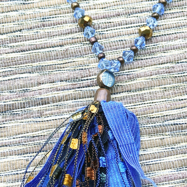 Blue and Black Fiber Tassel Necklace and Earring Set