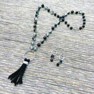 Cracked Black Tassel Necklace & Earring Set