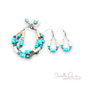 Turquoise and Wood Multi-strand Bracelet & Earrings
