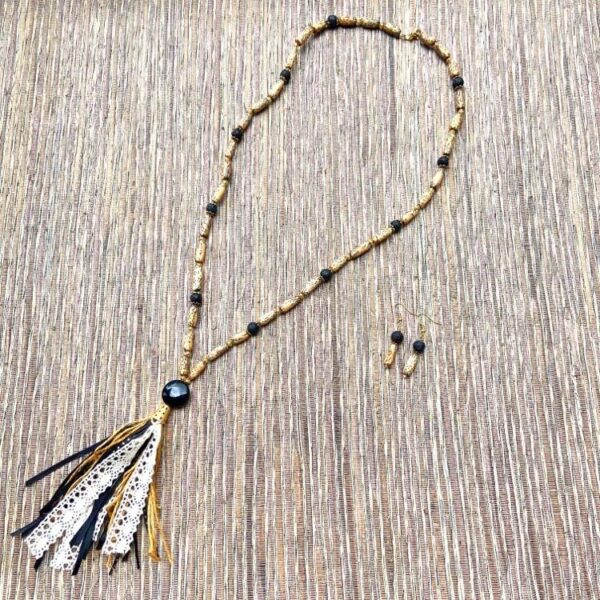 Black Lava Cocoa Beads Gold and Black Tassel Necklace and Earrings Set