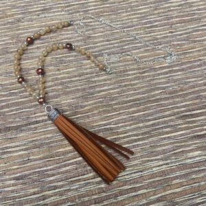 Gold Agate and Pearl Rust Leather Tassel Necklace