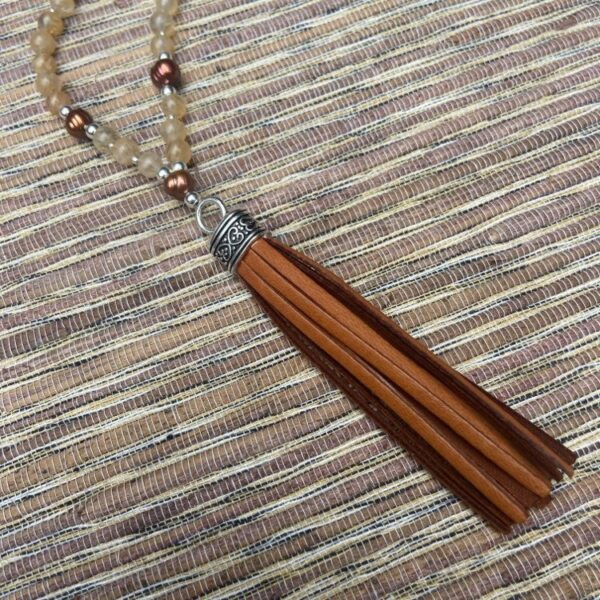 Gold Agate and Pearl Rust Leather Tassel Necklace