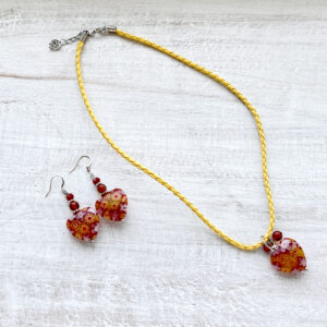 Red and Yellow Millefiori Leather Necklace Set