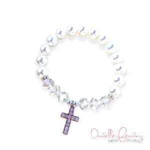 Clear Glass Facet and Pearl Stretch Bracelet with Crystal Cross Charm