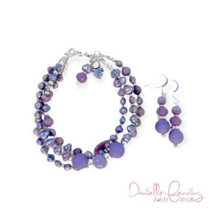 Purple Freshwater Pearl and Frosted Glass Triple Strand Bracelet & Earrings Set