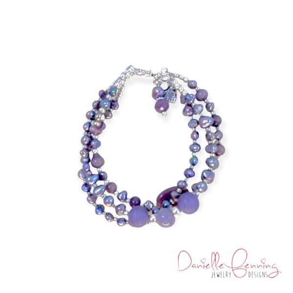 Purple Freshwater Pearl and Frosted Glass Triple Strand Bracelet & Earrings Set