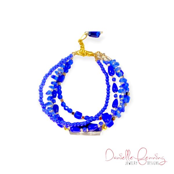 Blue and Gold Glass Quadruple Strand Bracelet & Earrings Set