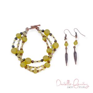 Frosted Yellow Glass and Copper Feather Triple Strand Bracelet & Earrings Set