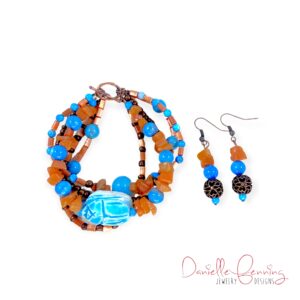 Egyptian Scarab Orange Aventurine and Blue Howlite Copper Quadruple Strand Bracelet Set