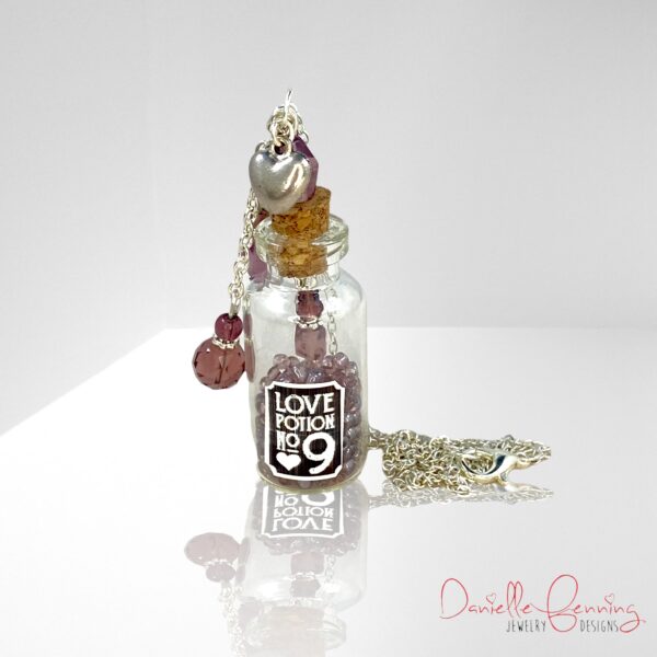 Lavender and Silver Heart Love Potion Bottle Necklace