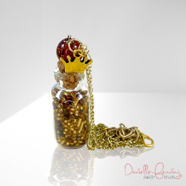 Amber and Gold Crown Gold Chain Bottle Necklace