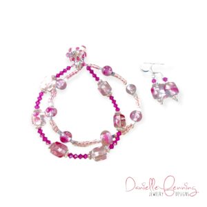 Light and Hot Pink Double Strand Bracelet & Earring Set with Purse Charm