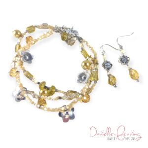 Yellow Tiger's Eye and Glass Triple Strand Flower Bracelet & Earrings Set