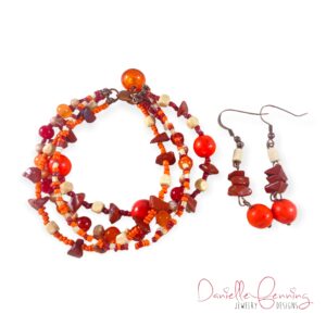 Orange, Wood and Red Jasper Quadruple Strand Bracelet & Earring Set