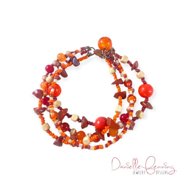 Orange, Wood and Red Jasper Quadruple Strand Bracelet & Earring Set