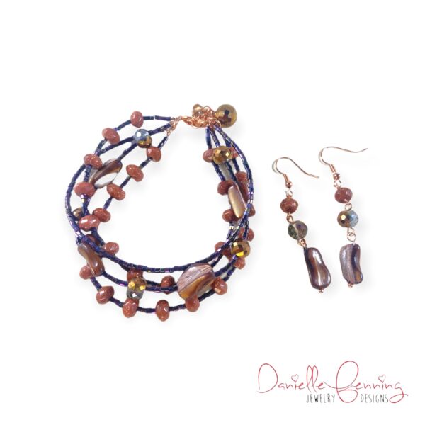 Goldstone and Shell Copper Quadruple Strand Bracelet & Earrings Set