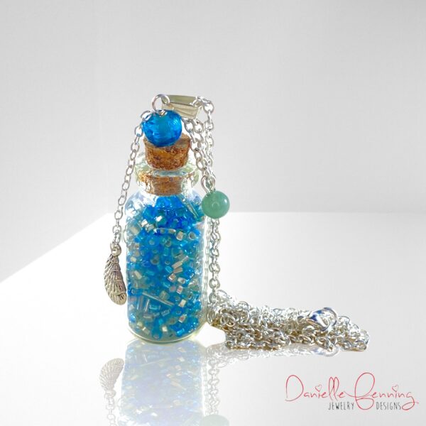 Blue and Green Seashell Charm Glass Potion Jar Bottle Necklace with Silver Tone Chain