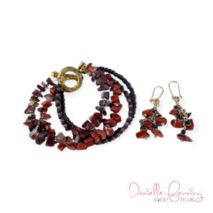 Red Jasper and Wood Four-Strand Bracelet and Dangle Earrings Set