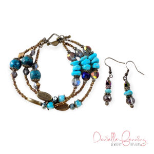 Turquoise and Iridescent Glass Triple-Strand Bracelet and Earrings Set