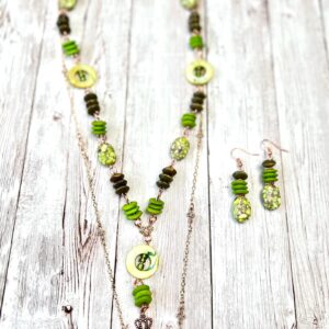 Green Fancy Jasper, Howlite, Wood and Shell Bright Copper and Gold Lariat Necklace and Earring set