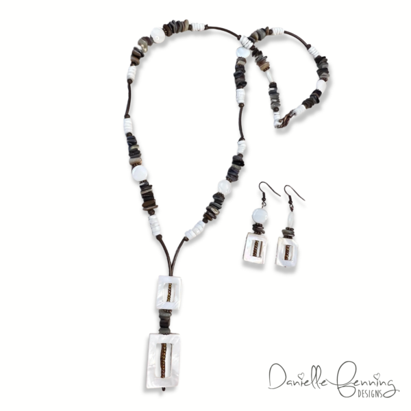 Brown and White Shell and Copper Lariat Necklace and Earrings Set