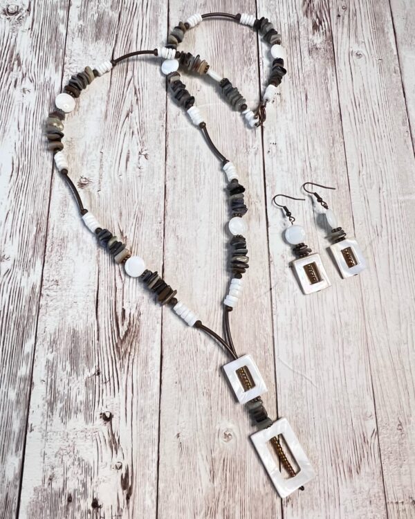 Brown and White Shell and Copper Lariat Necklace and Earrings Set