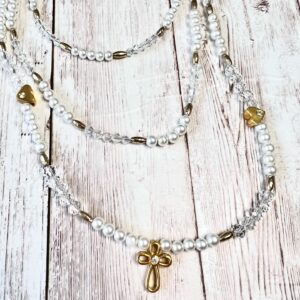 White Pearl and Glass Heart and Cross Gold Tone Triple Strand Necklace