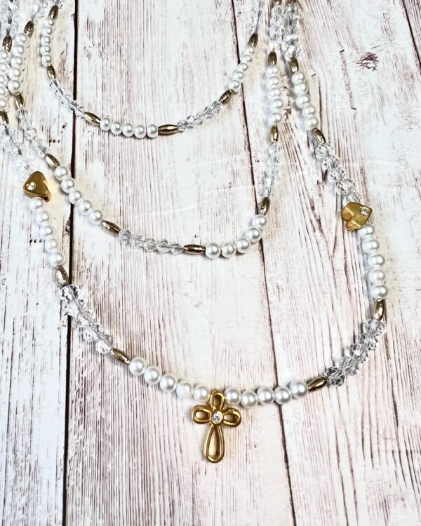 White Pearl and Glass Heart and Cross Gold Tone Triple Strand Necklace
