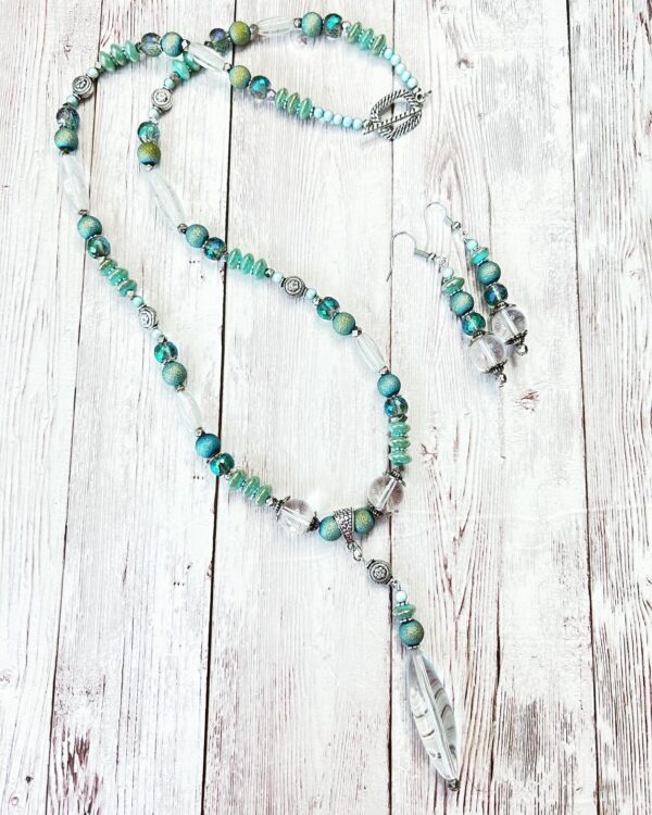Seafoam Green, Clear Glass and Silver Tone Necklace & Earrings Set
