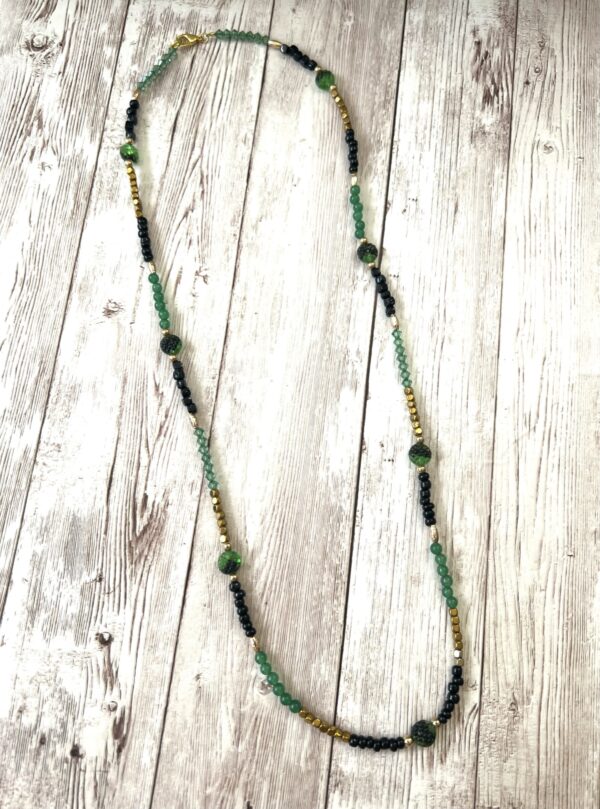 Semiprecious Green agate, Glass, and Black Seed bead Gold Tone Lariat Necklace