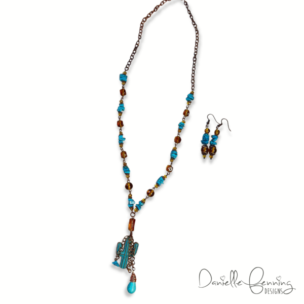 Howlite Turquoise Chips, Amber Glass and Copper Cactus Lariat Necklace & Earrings Set